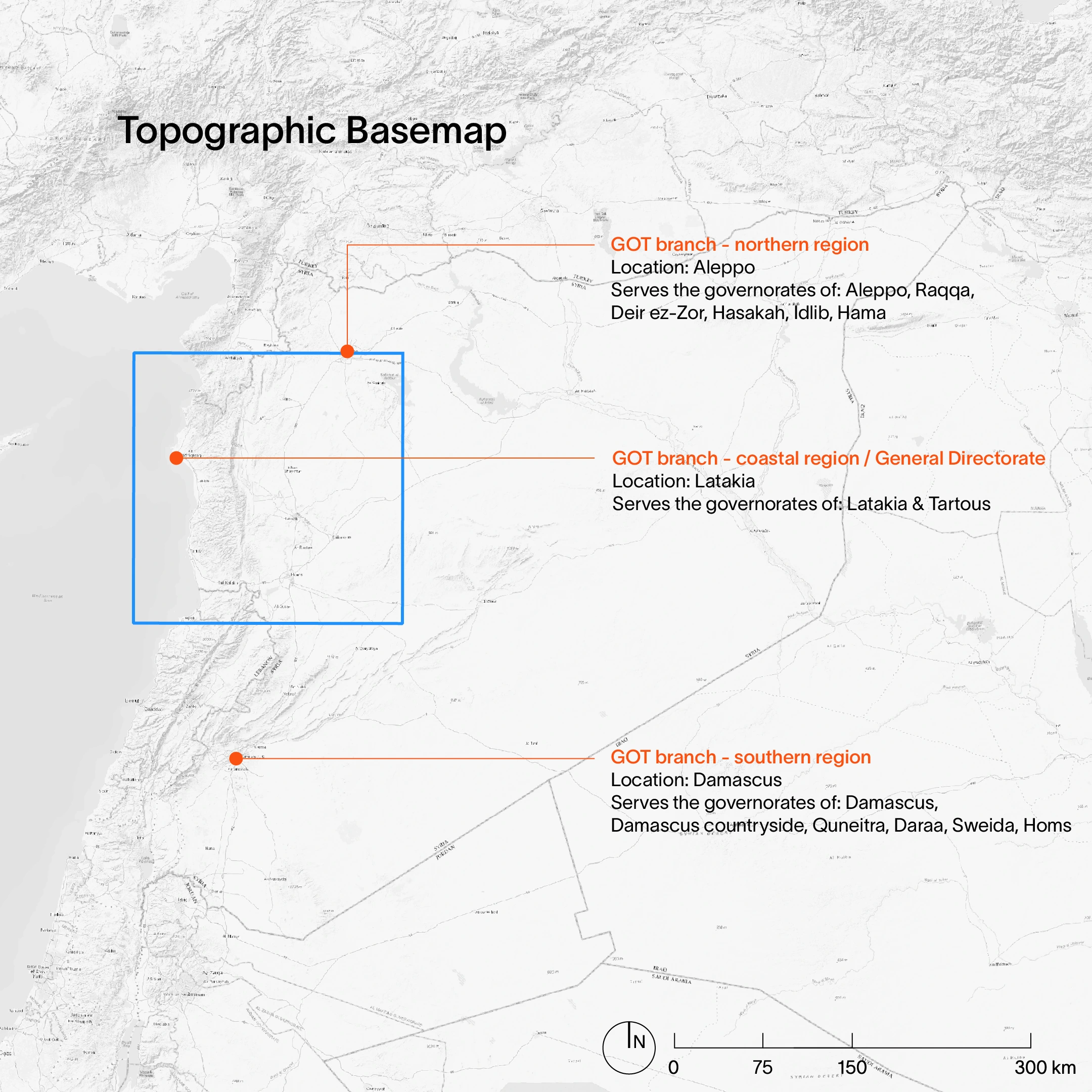 Topographic Basemap  of Syria, highlighting the mountainous region of Latakia (blue) and the headquarters of the General Organization of Tobacco in Aleppo, Latakia and Damascus (orange)