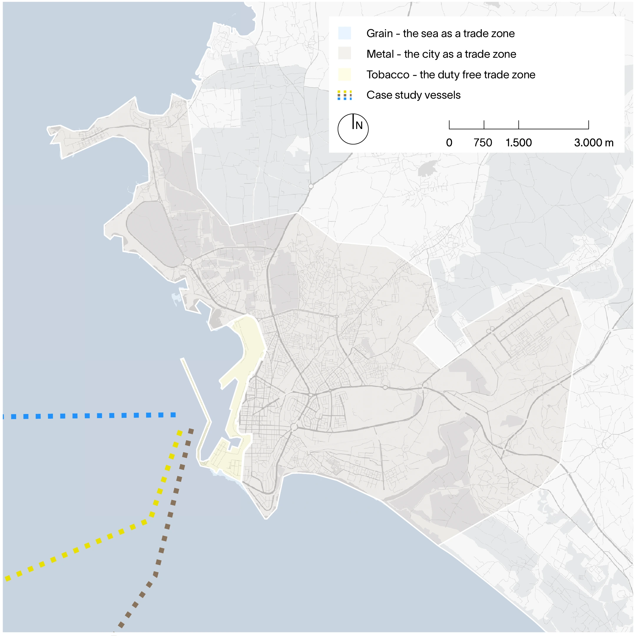  Spatial overview of grain, metal, and tobacco trades, illustrating the connections between international sea networks and local commerce in Latakia, with the port functioning as a key node between global and local scales.