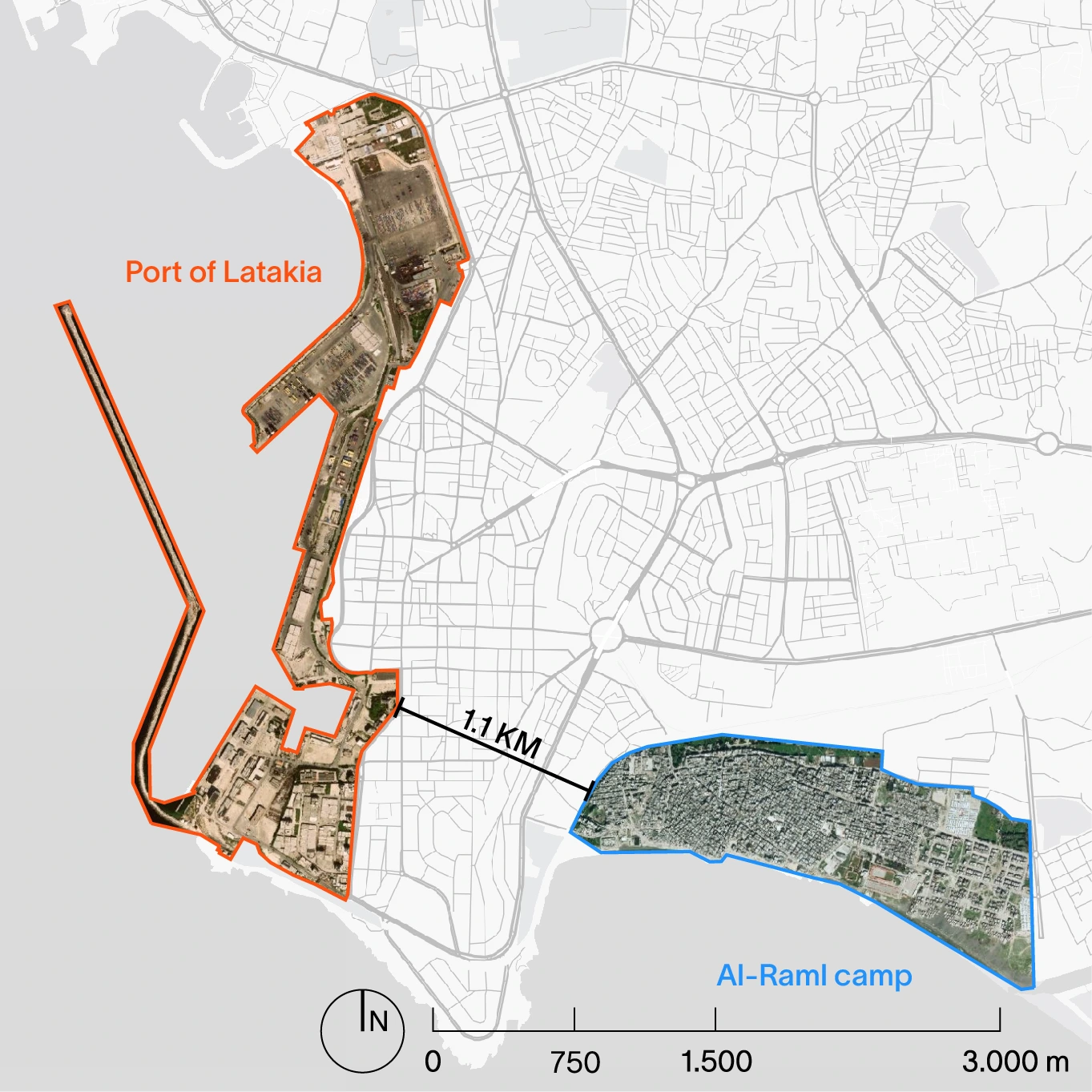 Map showing the proximity of the Al-Raml camp to the port of Latakia. 
