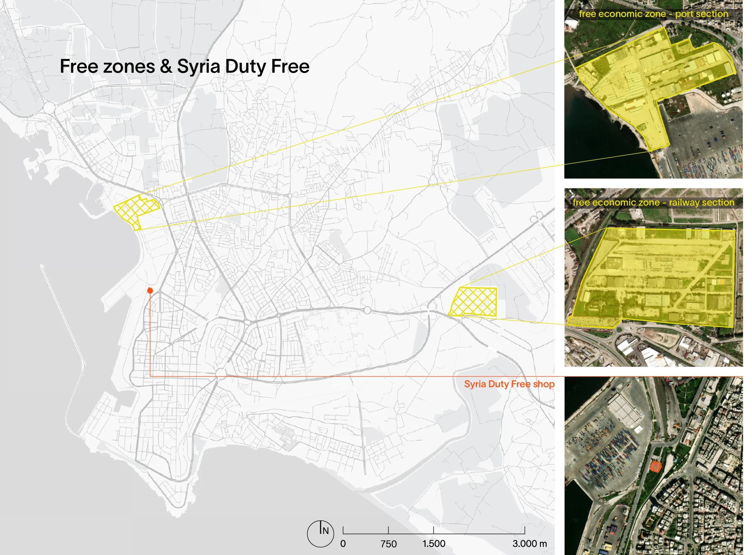 Map of Latakia city highlighting the Free Trade zones informed by Wikimapia (yellow) and the port based Syria Duty Free shop
