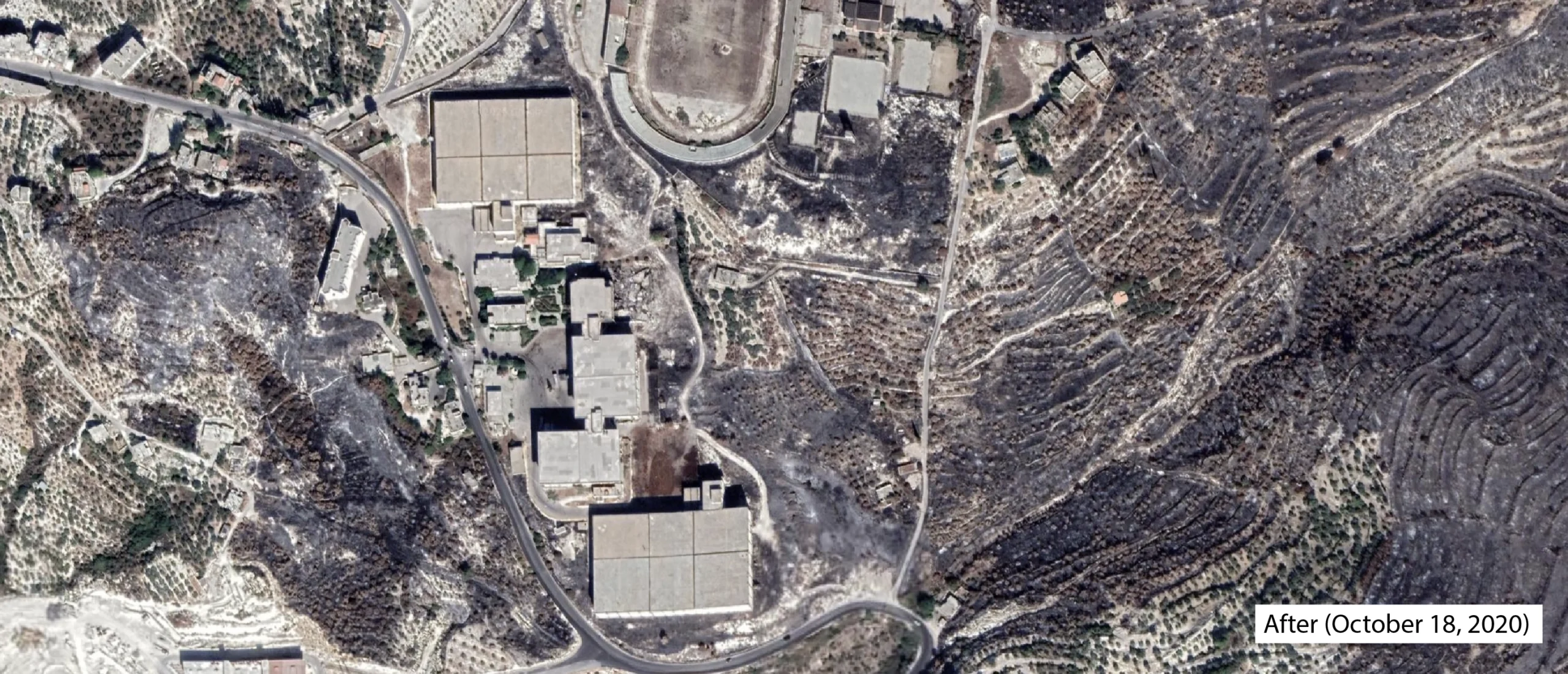 Satelite imagery showing the impact of the wildfires that destroyed great amounts of the farming fields and crops surrounding the GOT farm and warehouse in Al Qardahah in October 2020.