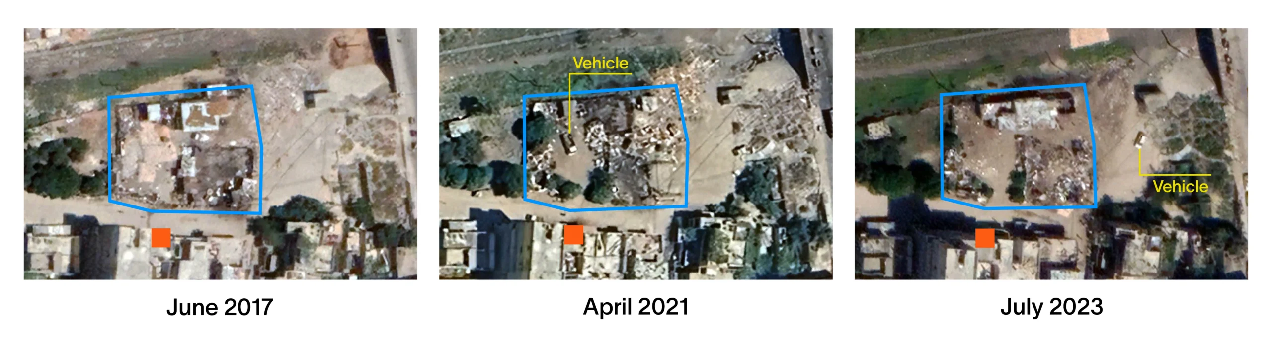 Satellite images from 2017-2023, presumably indicating the presence of a small-scale metal scrap yard across from the site of the 2025 Al-Raml explosion.