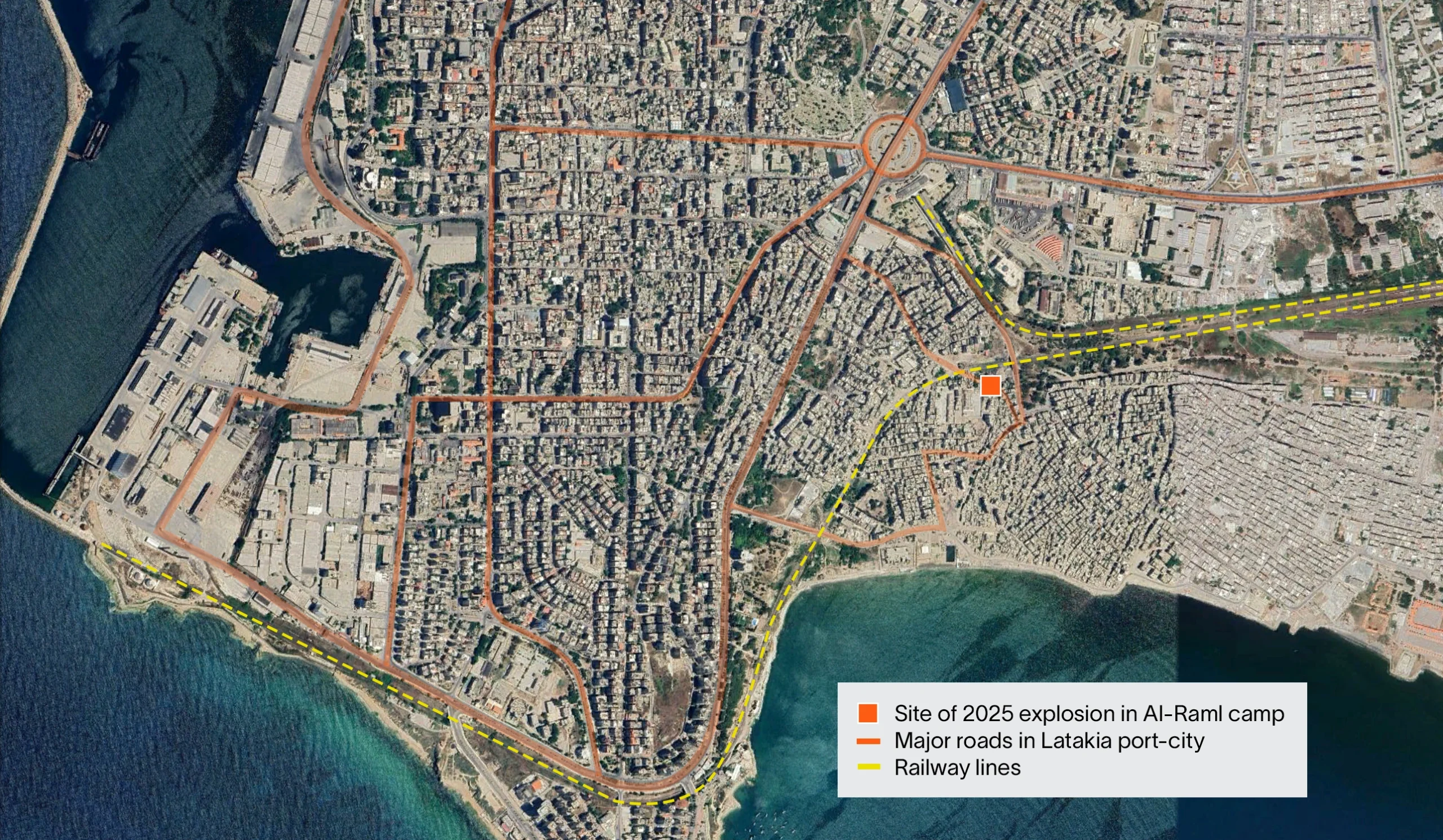 Proximity of the site of the 2025 explosion in Al-Raml camp to known logistical transport infrastructure in the port-city of Latakia, showing major roads and railway lines connecting Al-Raml to Latakia and Syria at-large.